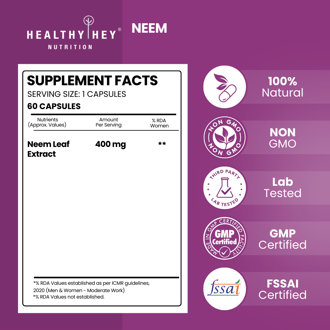 HealthyHey Nutrition Capsule Neem Leaf Extract - Supports Healthy Blood Glucose Levels - 60 Veg Capsules