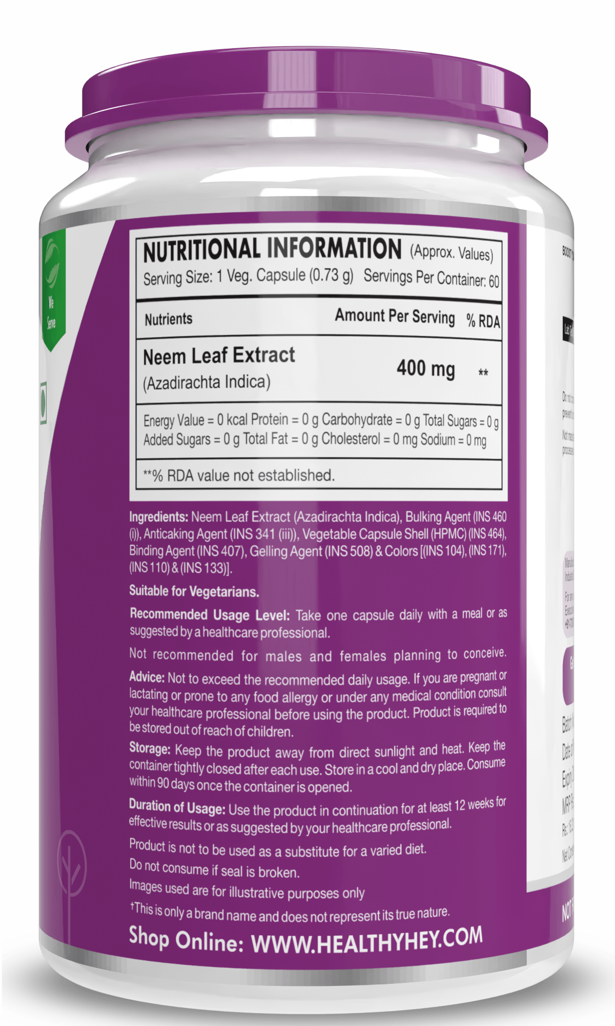 HealthyHey Nutrition Capsule Neem Leaf Extract - Supports Healthy Blood Glucose Levels - 60 Veg Capsules