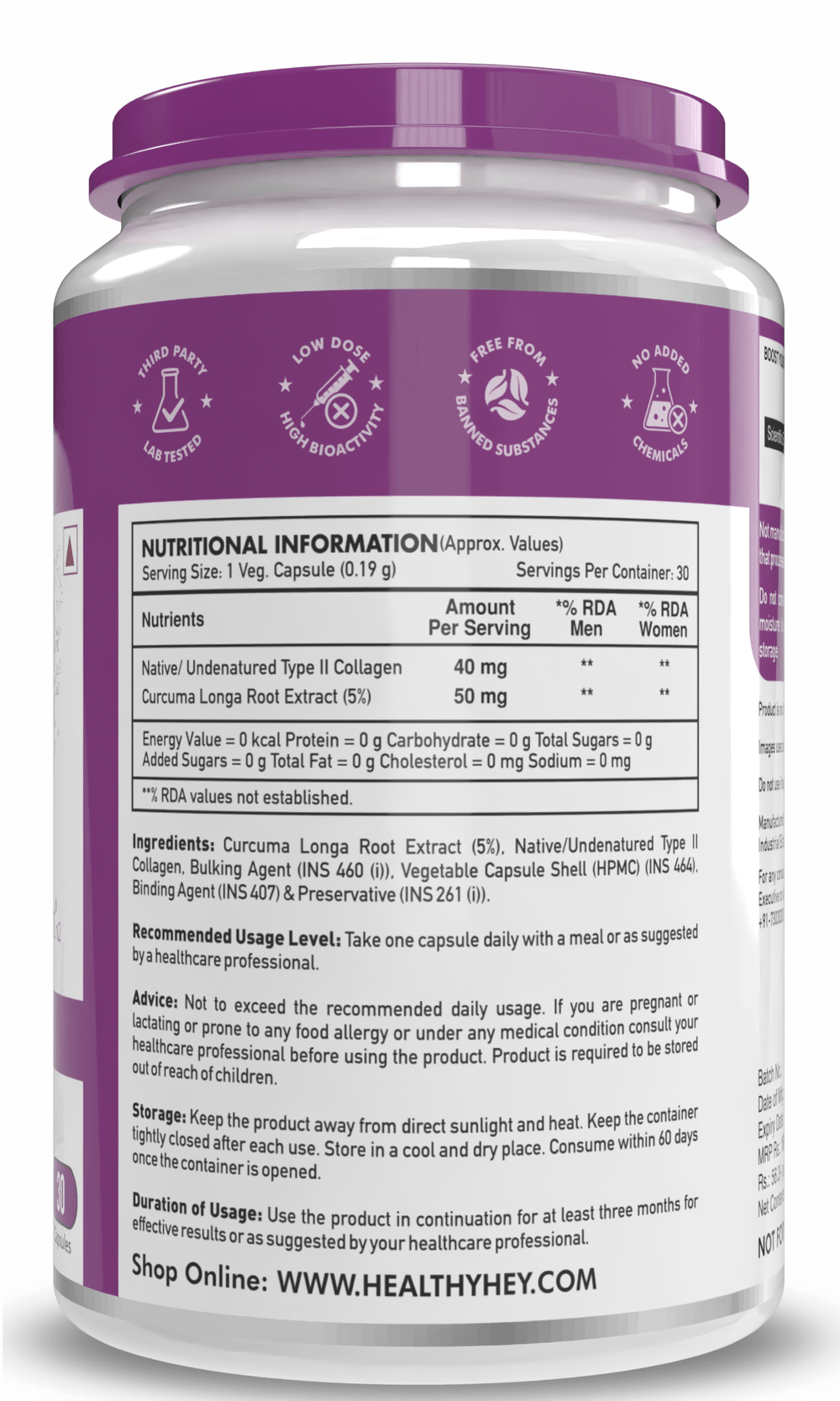 HealthyHey Nutrition Capsule NTC II Type 2 Collagen,Support joint function 30 Capsules