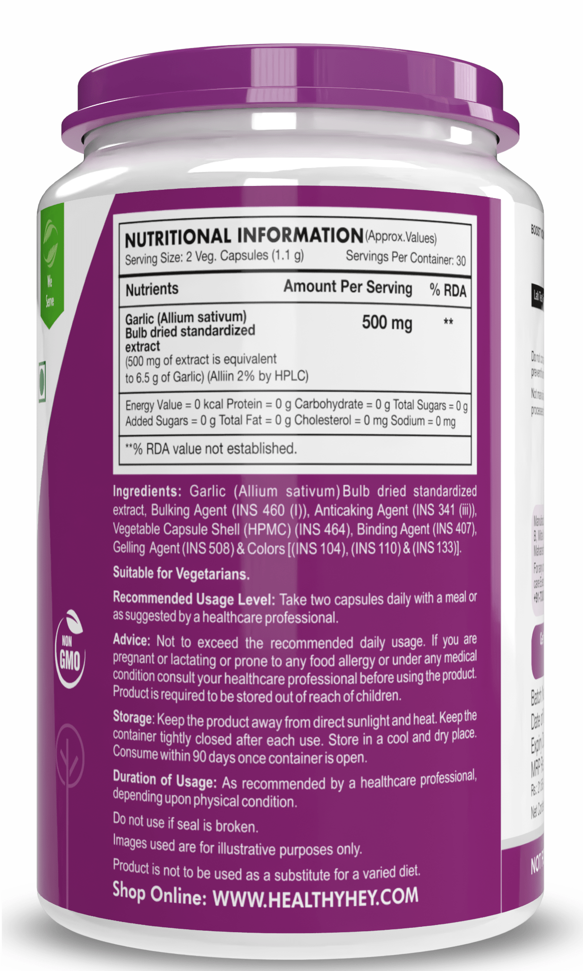HealthyHey Nutrition Capsule Odorless Garlic Extract,Supports Heart Health (1:13) Allium Sativum - 2% Allicin -60 Veg Capsules