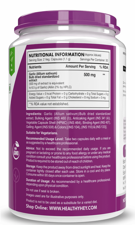 HealthyHey Nutrition Capsule Odorless Garlic Extract,Supports Heart Health (1:13) Allium Sativum - 2% Allicin -60 Veg Capsules