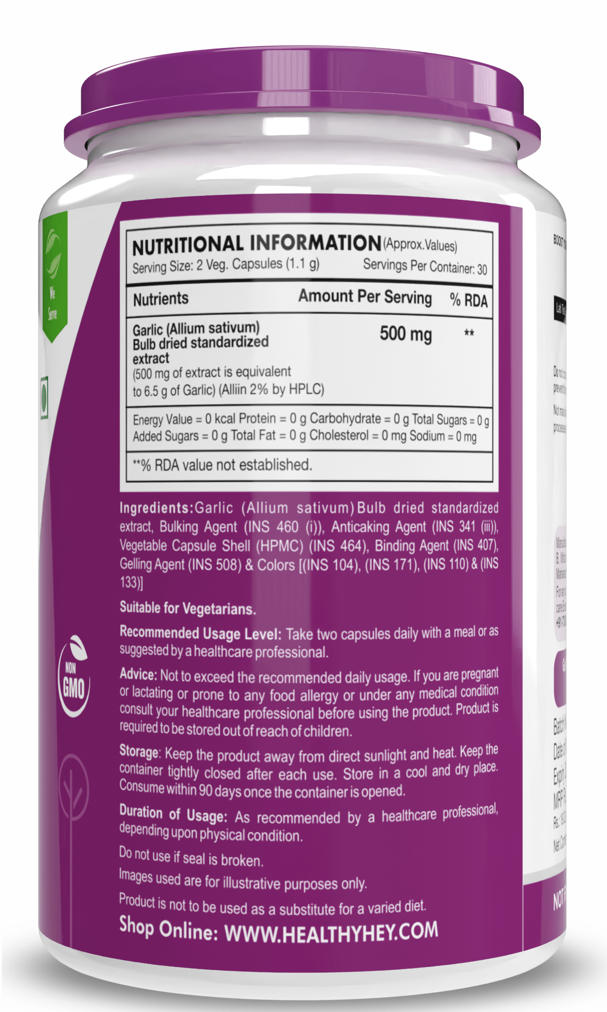 HealthyHey Nutrition Capsule Odorless Garlic Extract,Supports Heart Health (1:13) Allium Sativum - 2% Allicin -60 Veg Capsules