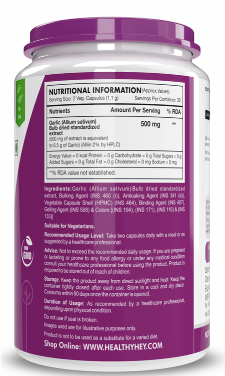 HealthyHey Nutrition Capsule Odorless Garlic Extract,Supports Heart Health (1:13) Allium Sativum - 2% Allicin -60 Veg Capsules