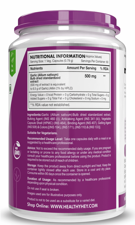 HealthyHey Nutrition Capsule Odorless Garlic Extract,Supports Heart Health (1:13) Allium Sativum - 2% Allicin -60 Veg Capsules