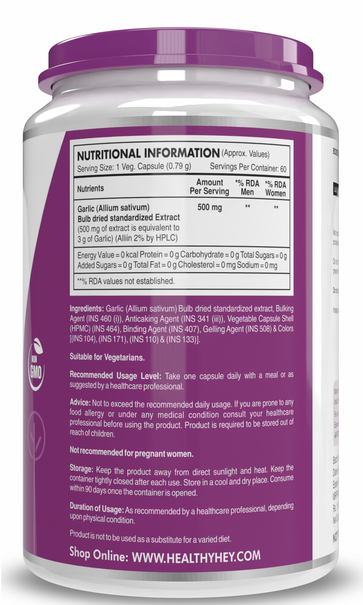 HealthyHey Nutrition Capsule Odorless Garlic Extract,Supports Heart Health (1:13) Allium Sativum - 2% Allicin -60 Veg Capsules