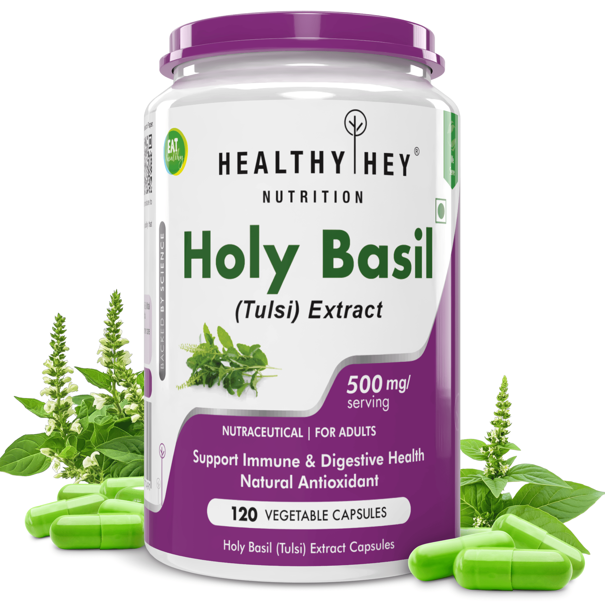 HealthyHey Nutrition Capsule Pack of 1 Tulsi Extract, Supports Immune & Digestive Health (Holy Basil Extract) - Supports Stress and Immune System - 120 Veg Capsules