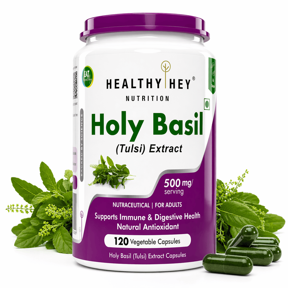 HealthyHey Nutrition Capsule Pack of 1 Tulsi Extract, Supports Immune & Digestive Health (Holy Basil Extract) - Supports Stress and Immune System - 120 Veg Capsules