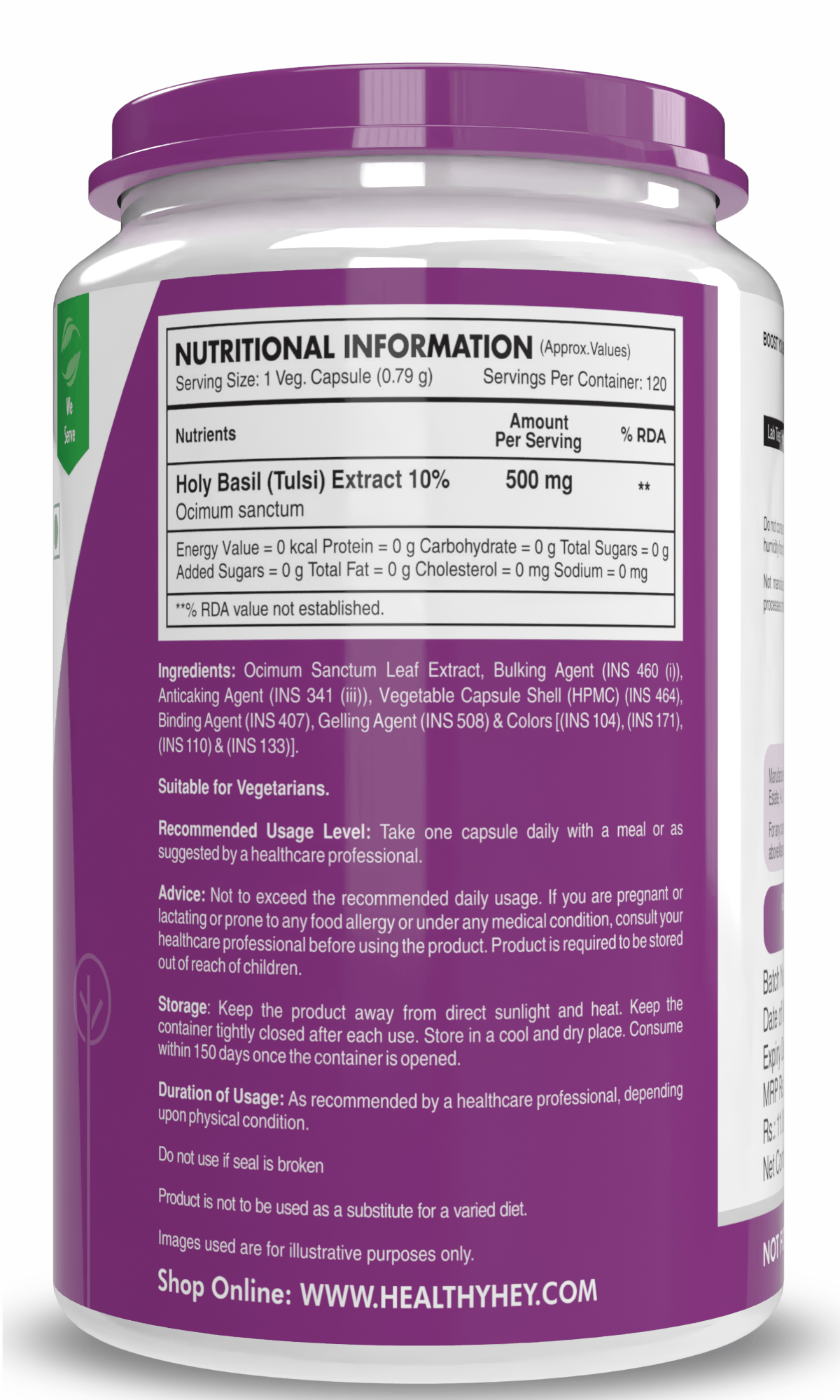 HealthyHey Nutrition Capsule Pack of 1 Tulsi Extract, Supports Immune & Digestive Health (Holy Basil Extract) - Supports Stress and Immune System - 120 Veg Capsules