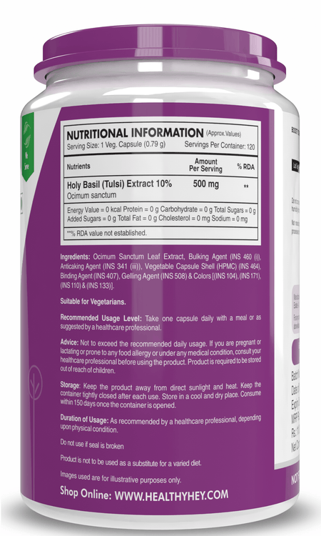 HealthyHey Nutrition Capsule Pack of 1 Tulsi Extract, Supports Immune & Digestive Health (Holy Basil Extract) - Supports Stress and Immune System - 120 Veg Capsules