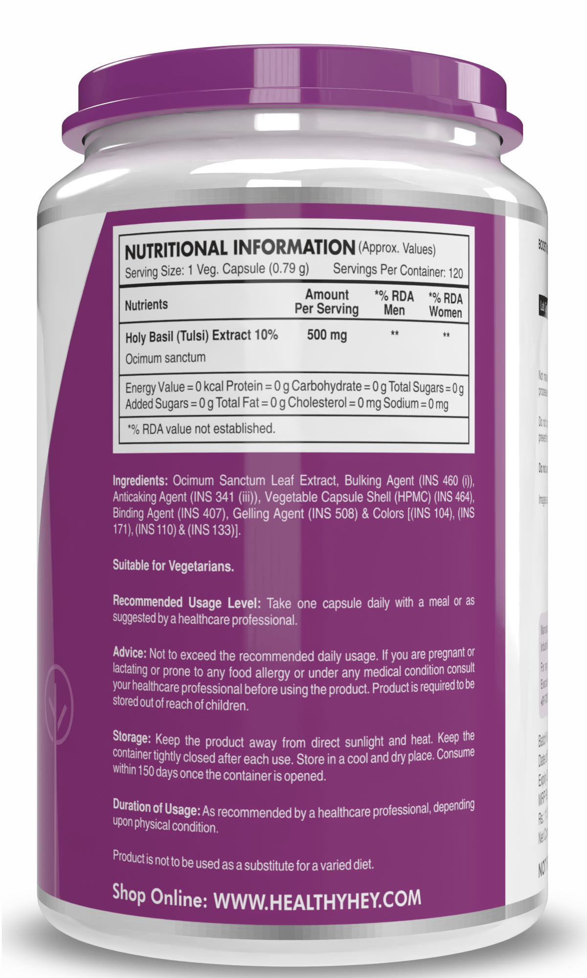 HealthyHey Nutrition Capsule Pack of 1 Tulsi Extract, Supports Immune & Digestive Health (Holy Basil Extract) - Supports Stress and Immune System - 120 Veg Capsules