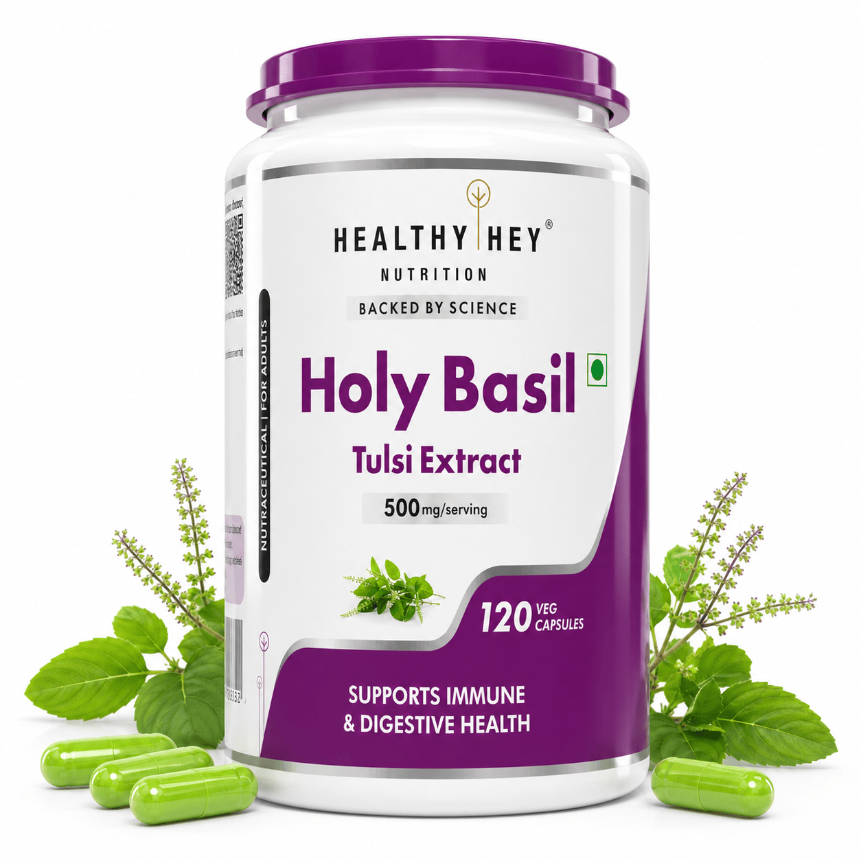 HealthyHey Nutrition Capsule Pack of 1 Tulsi Extract, Supports Immune & Digestive Health (Holy Basil Extract) - Supports Stress and Immune System - 120 Veg Capsules