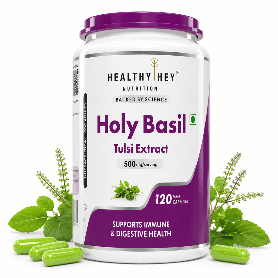 HealthyHey Nutrition Capsule Pack of 1 Tulsi Extract, Supports Immune & Digestive Health (Holy Basil Extract) - Supports Stress and Immune System - 120 Veg Capsules