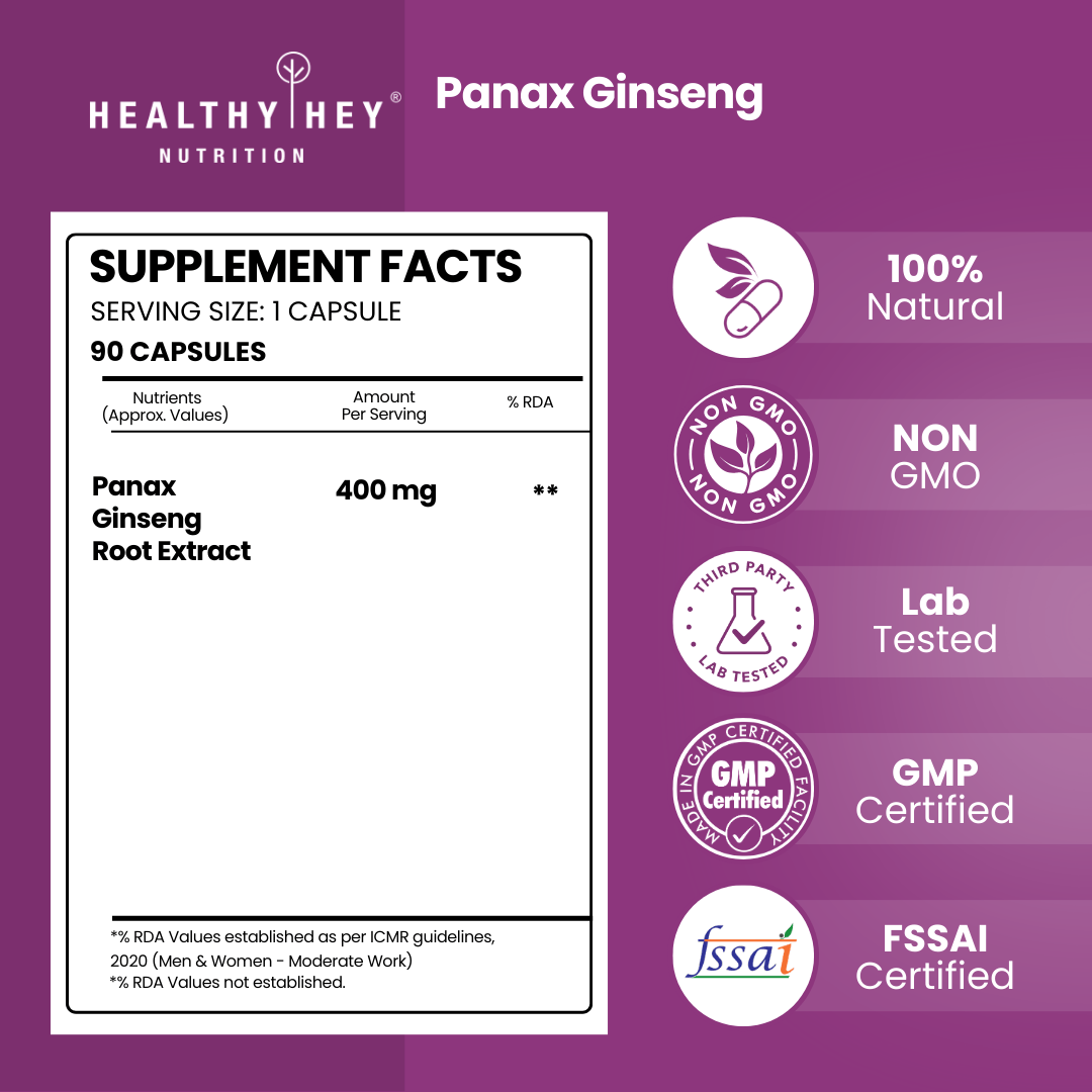 HealthyHey Nutrition Capsule Panax Ginseng, Antioxidant & support Immune Health - 90 Veg Capsules