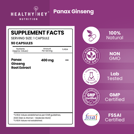 HealthyHey Nutrition Capsule Panax Ginseng, Antioxidant & support Immune Health - 90 Veg Capsules