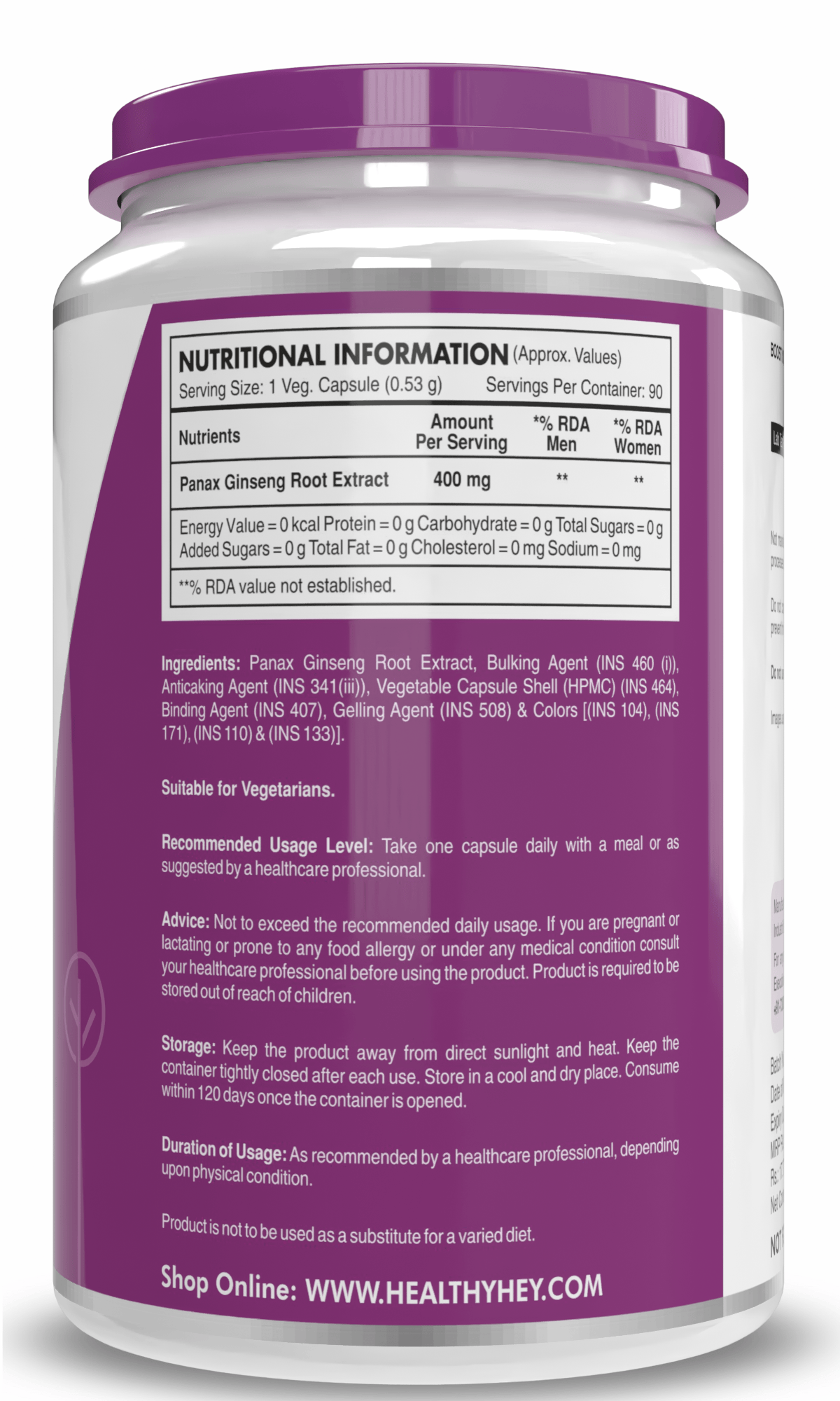 HealthyHey Nutrition Capsule Panax Ginseng, Antioxidant & support Immune Health - 90 Veg Capsules