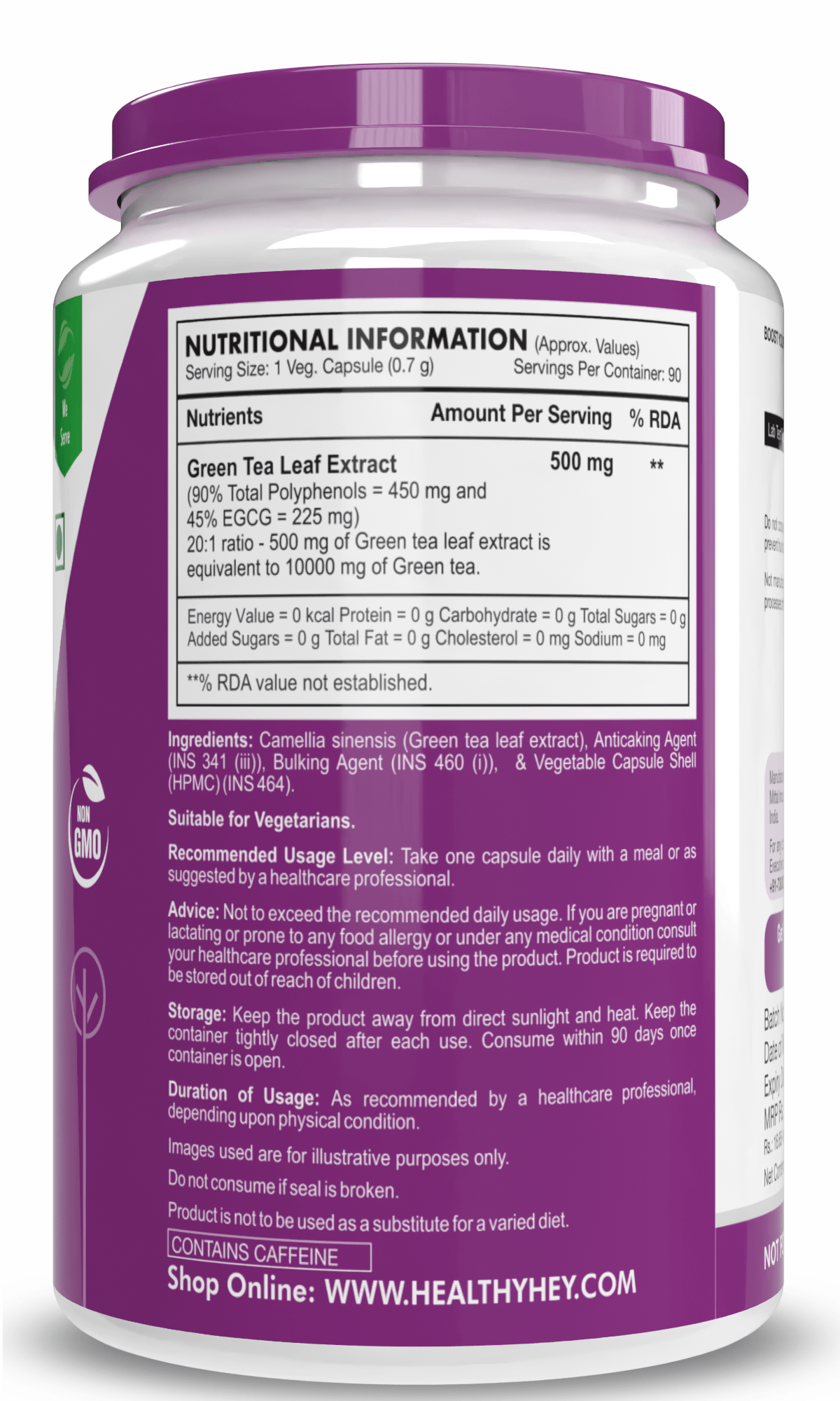 HealthyHey Nutrition Capsule Premium Green Tea Extract Supplement,Support weight management - 90 Veg Capsules