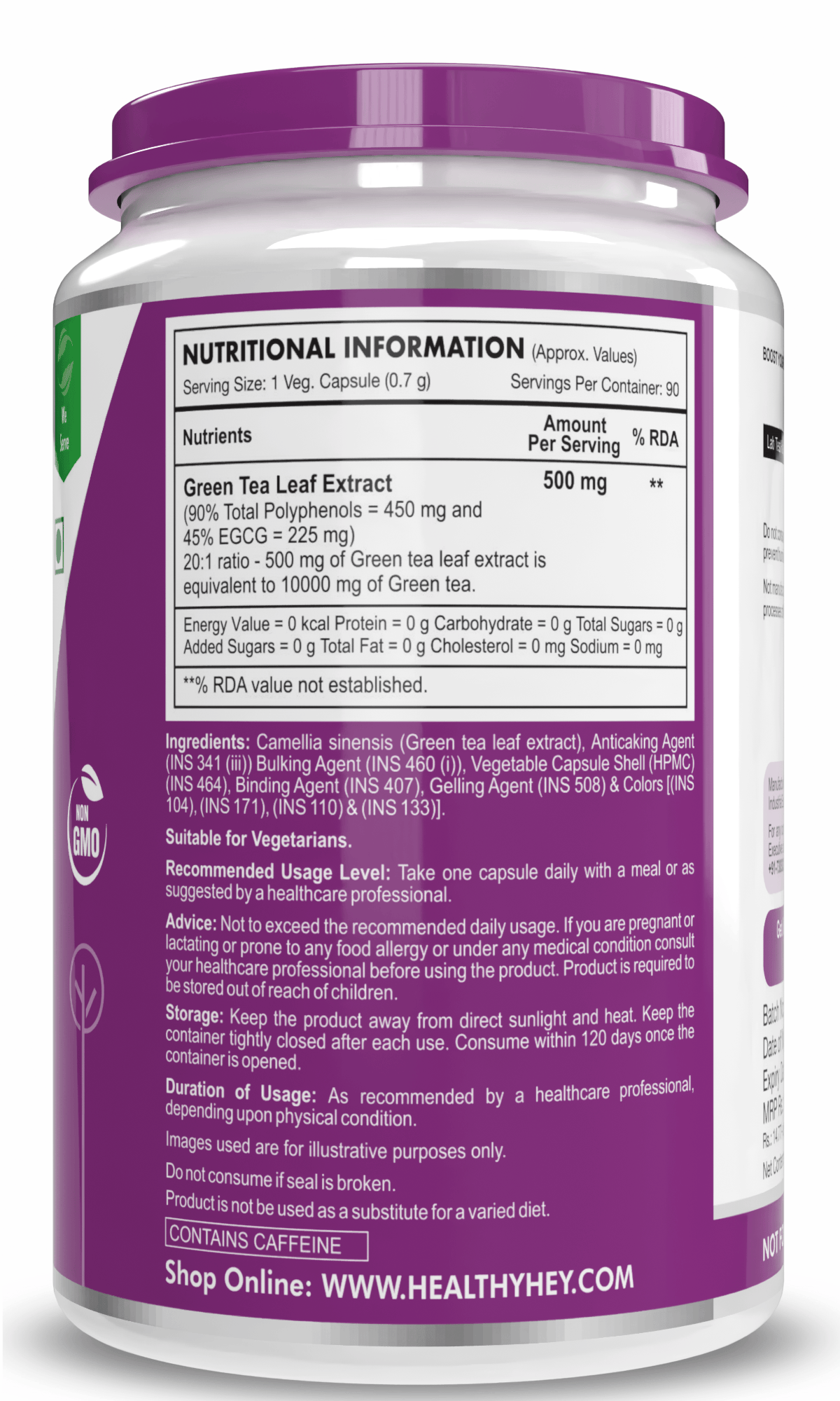 HealthyHey Nutrition Capsule Premium Green Tea Extract Supplement,Support weight management - 90 Veg Capsules
