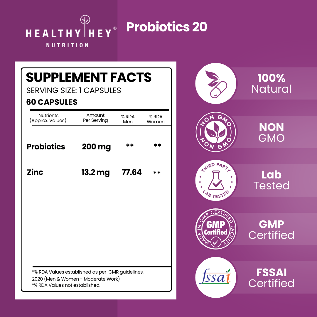 HealthyHey Nutrition Capsule Probiotic Supplement: 20 Billion CFU, Delayed-Release Capsules, Temperature Stable - Improve Gut, Digestion, and Immune Health (60 Veg. Capsules)