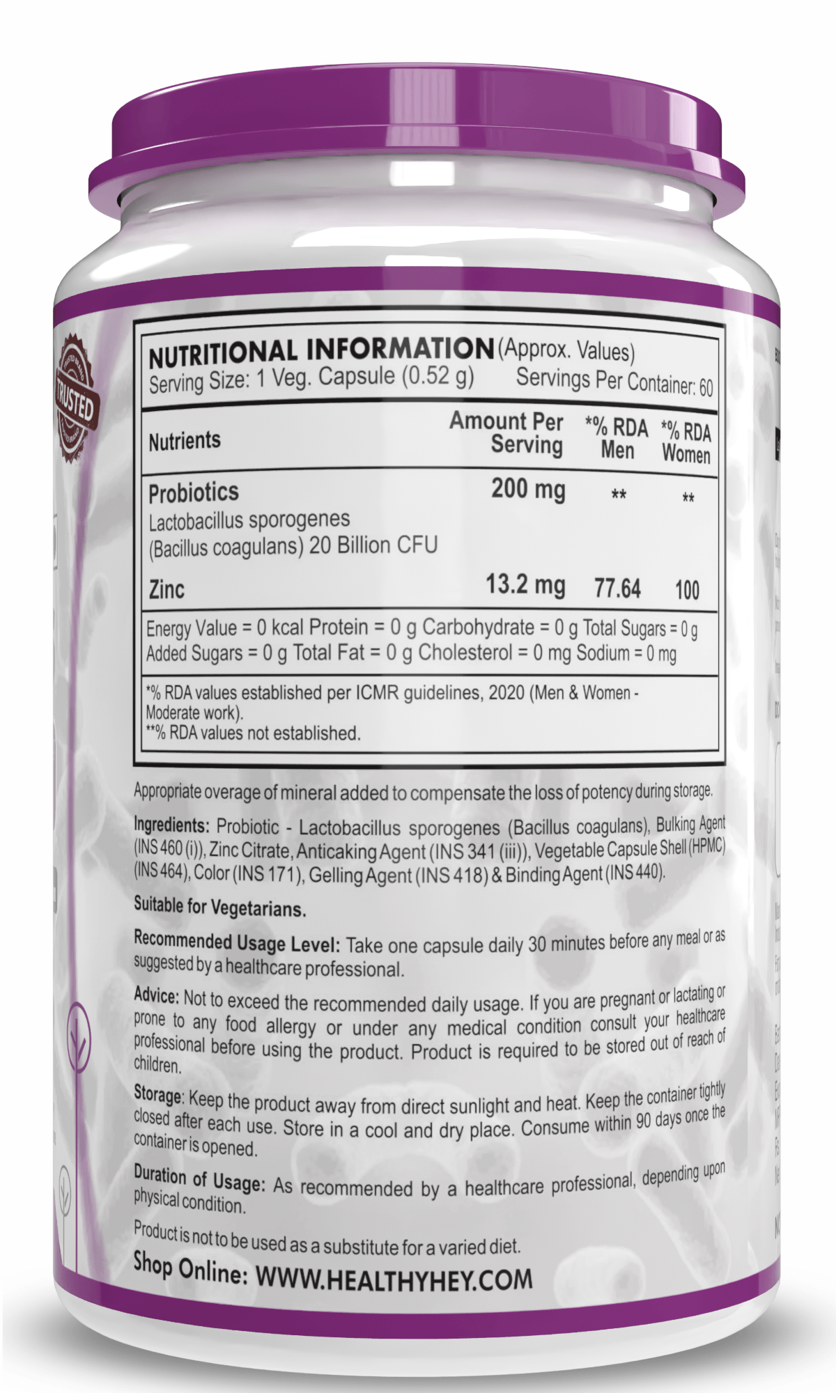 HealthyHey Nutrition Capsule Probiotic Supplement: 20 Billion CFU, Delayed-Release Capsules, Temperature Stable - Improve Gut, Digestion, and Immune Health (60 Veg. Capsules)