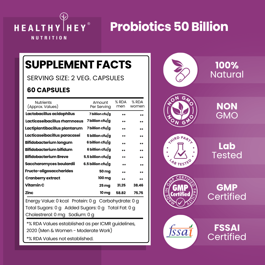 HealthyHey Nutrition Capsule Probiotics 50 Billion CFU | Immune Gut Health, Multi-Strains, Targeted Release | 60 Veg. Capsules
