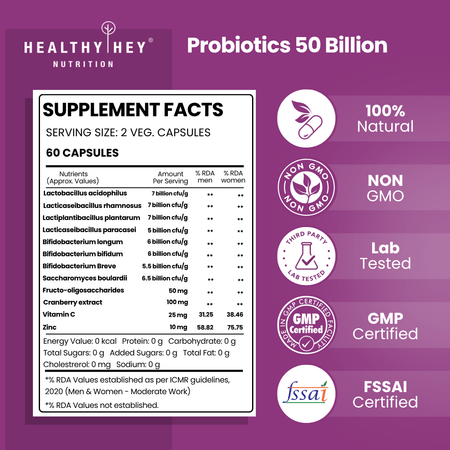 HealthyHey Nutrition Capsule Probiotics 50 Billion CFU | Immune Gut Health, Multi-Strains, Targeted Release | 60 Veg. Capsules