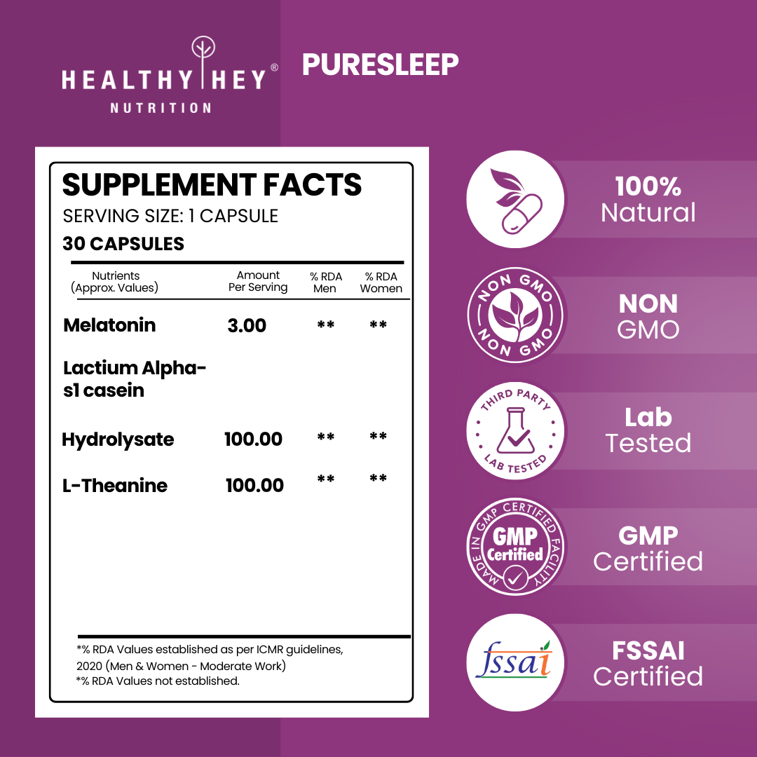 HealthyHey Nutrition Capsule PureSleep Supplement for Better Sleep - Reduces Anxiety, Stress - 30 Veg Capsules