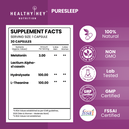 HealthyHey Nutrition Capsule PureSleep Supplement for Better Sleep - Reduces Anxiety, Stress - 30 Veg Capsules