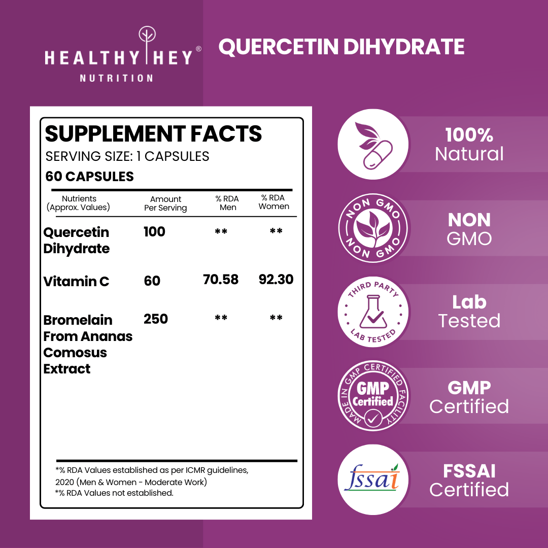 HealthyHey Nutrition Capsule Quercetin Dihydrate with Bromelain and Vitamin C, Support Immune & Support Heart Health -60 Veg Capsules