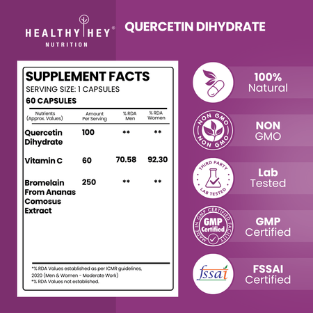 HealthyHey Nutrition Capsule Quercetin Dihydrate with Bromelain and Vitamin C, Support Immune & Support Heart Health -60 Veg Capsules