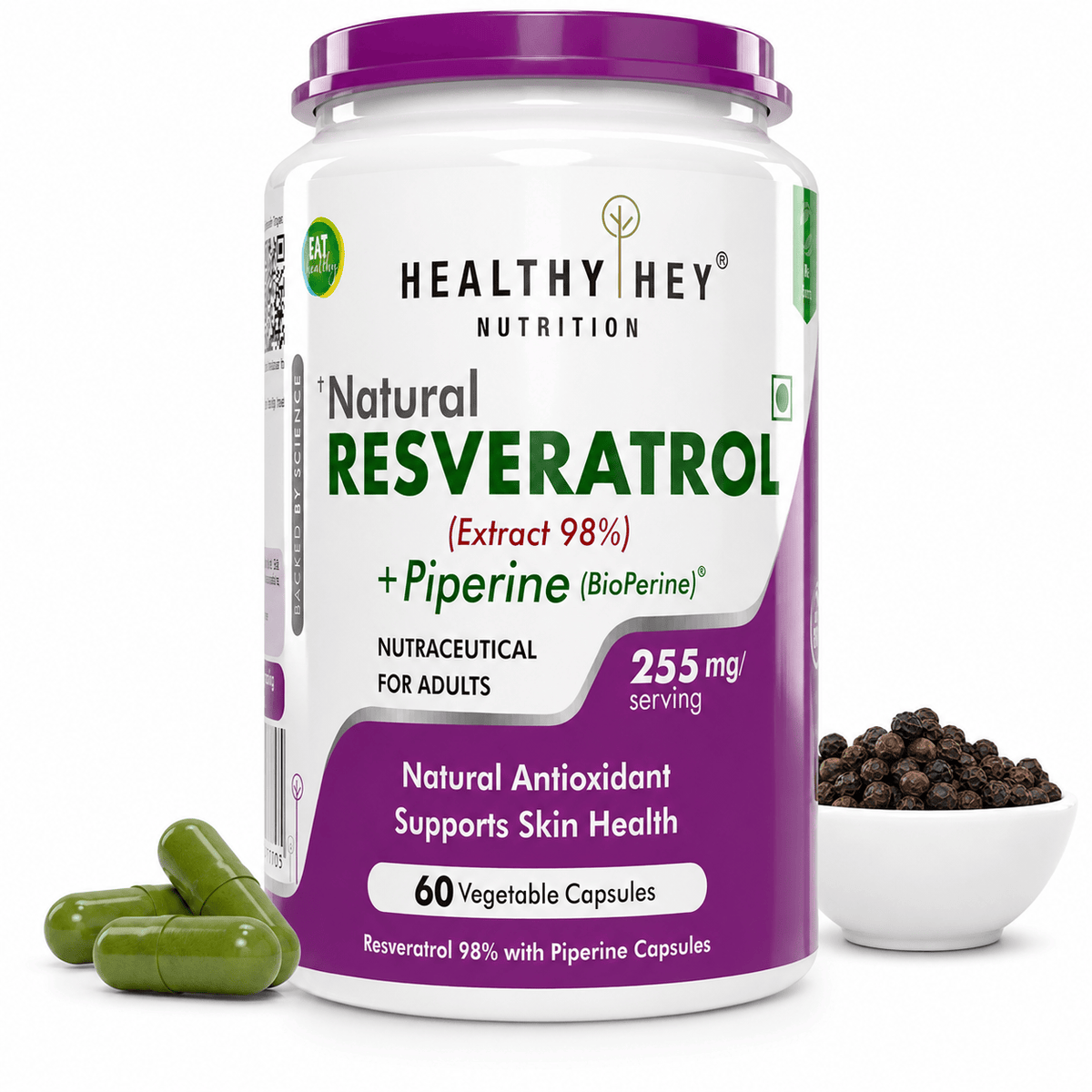 HealthyHey Nutrition Capsule Resveratrol Extract,  Natural Antioxidant support skin Health 98% Plus BioPerine for Absorption - 60 Veg Capsules (Pack of 1)