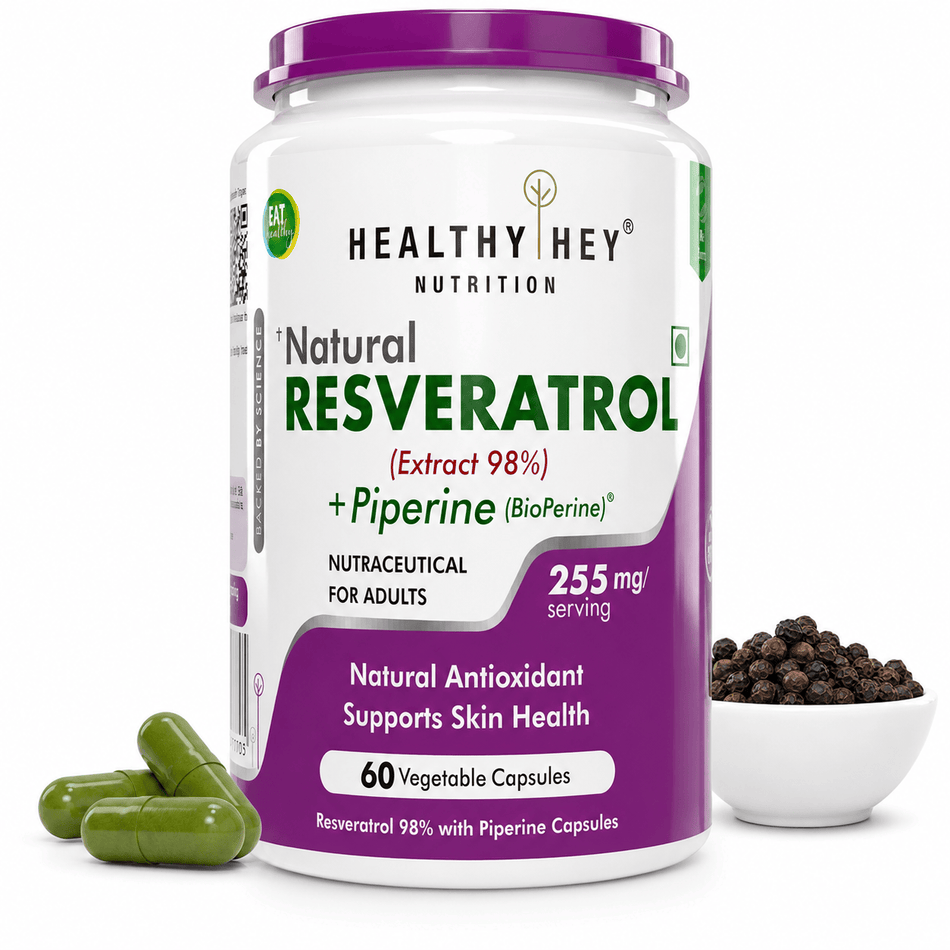 HealthyHey Nutrition Capsule Resveratrol Extract,  Natural Antioxidant support skin Health 98% Plus BioPerine for Absorption - 60 Veg Capsules (Pack of 1)