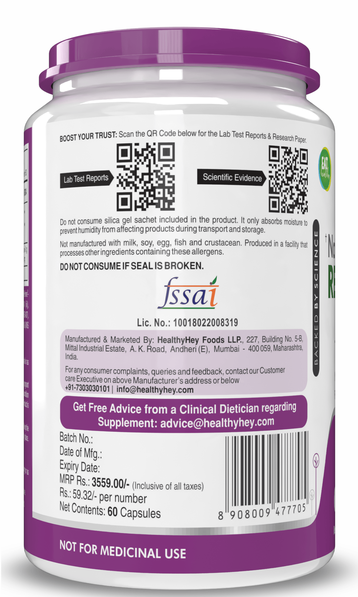 HealthyHey Nutrition Capsule Resveratrol Extract,  Natural Antioxidant support skin Health 98% Plus BioPerine for Absorption - 60 Veg Capsules (Pack of 1)