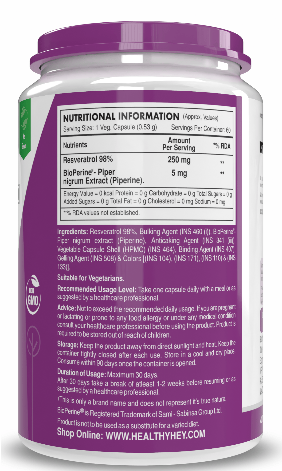 HealthyHey Nutrition Capsule Resveratrol Extract,  Natural Antioxidant support skin Health 98% Plus BioPerine for Absorption - 60 Veg Capsules (Pack of 1)