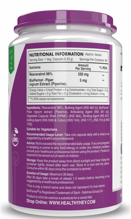 HealthyHey Nutrition Capsule Resveratrol Extract,  Natural Antioxidant support skin Health 98% Plus BioPerine for Absorption - 60 Veg Capsules (Pack of 1)