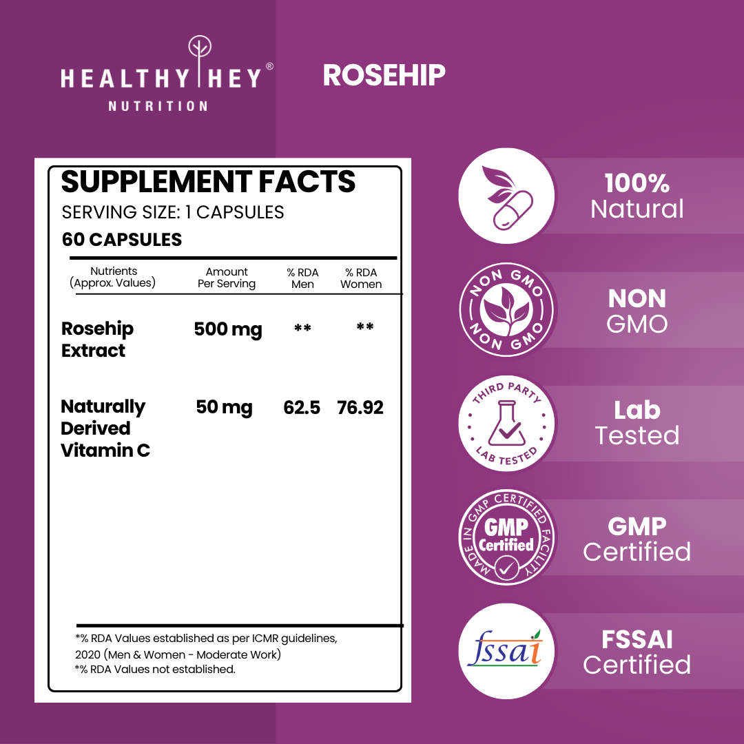 HealthyHey Nutrition Capsule Rosehip Extract,support Healthy skin & joint Health 60 Veg Capsules