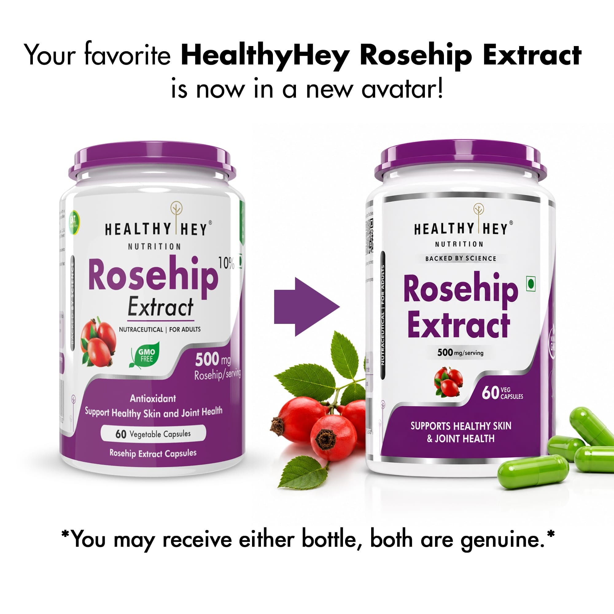 HealthyHey Nutrition Capsule Rosehip Extract,support Healthy skin & joint Health 60 Veg Capsules