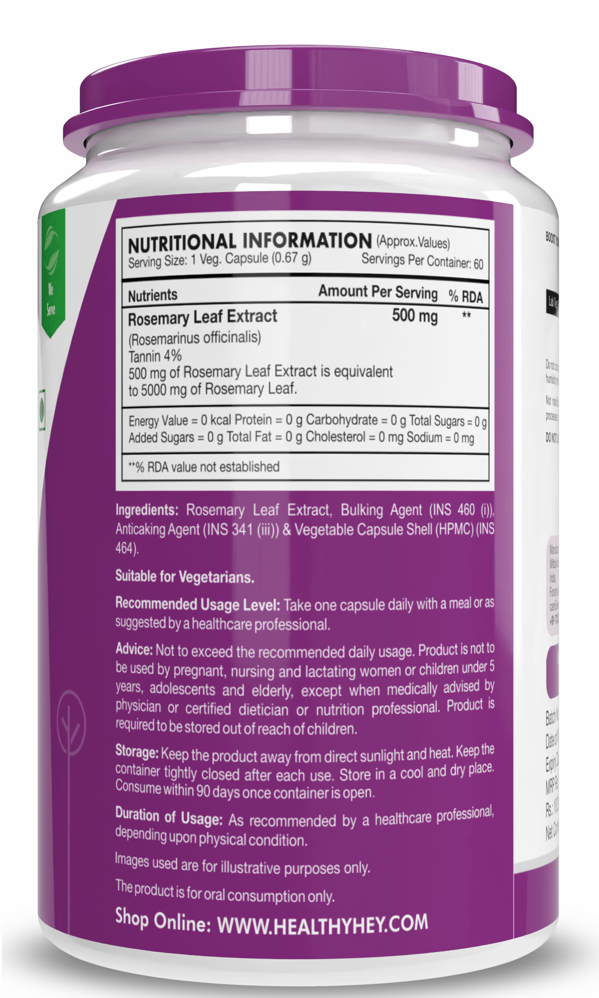 HealthyHey Nutrition Capsule Rosemary Leaf Extract,Support Sleep & Cognitive Health 60 veg Capsules