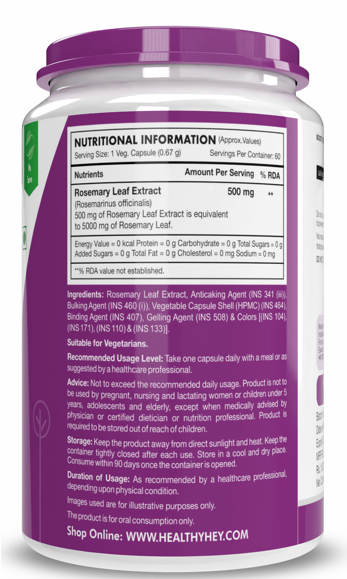 HealthyHey Nutrition Capsule Rosemary Leaf Extract,Support Sleep & Cognitive Health 60 veg Capsules