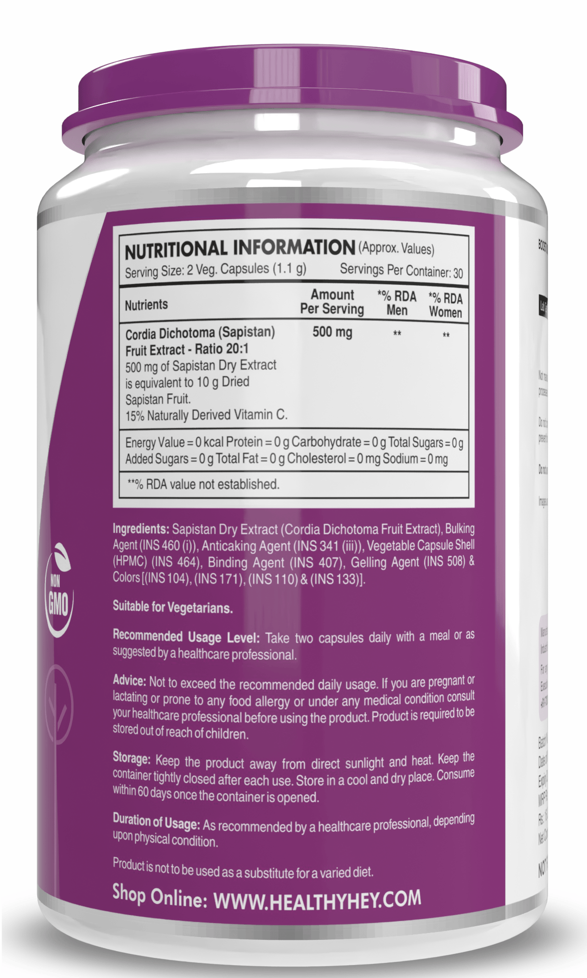 HealthyHey Nutrition Capsule Sapistan Dry Extract,support immune & digestive Health  5:1,60 Veg capsules