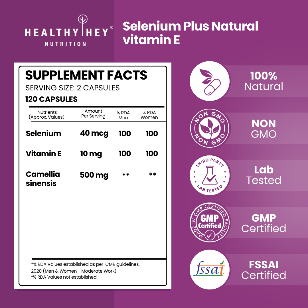 HealthyHey Nutrition Capsule Selenium & Natural Vitamin E + Green Tea, Supports Immune Health - 120 Veg Capsules