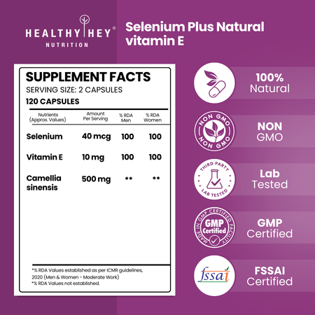 HealthyHey Nutrition Capsule Selenium & Natural Vitamin E + Green Tea, Supports Immune Health - 120 Veg Capsules