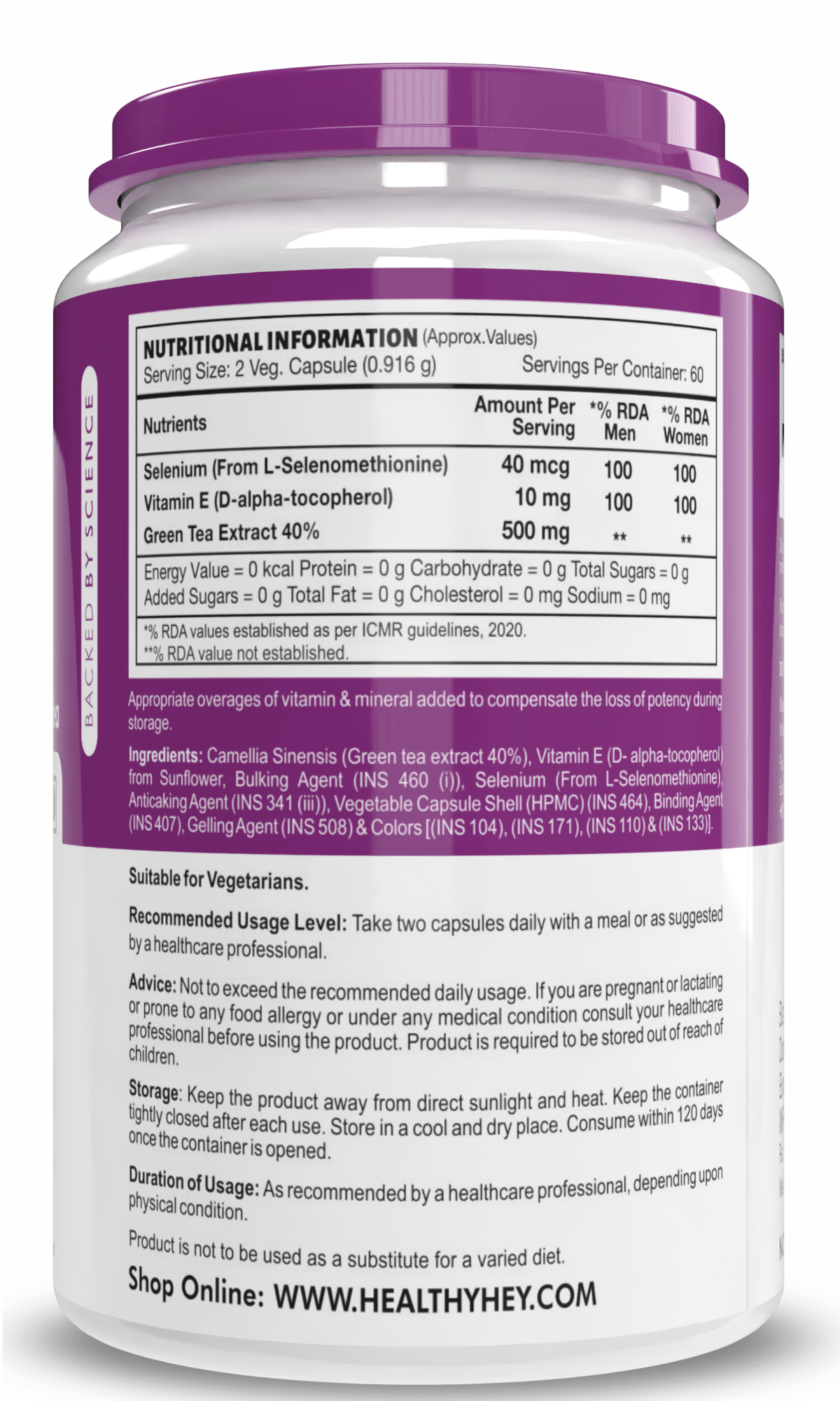 HealthyHey Nutrition Capsule Selenium & Natural Vitamin E + Green Tea, Supports Immune Health - 120 Veg Capsules