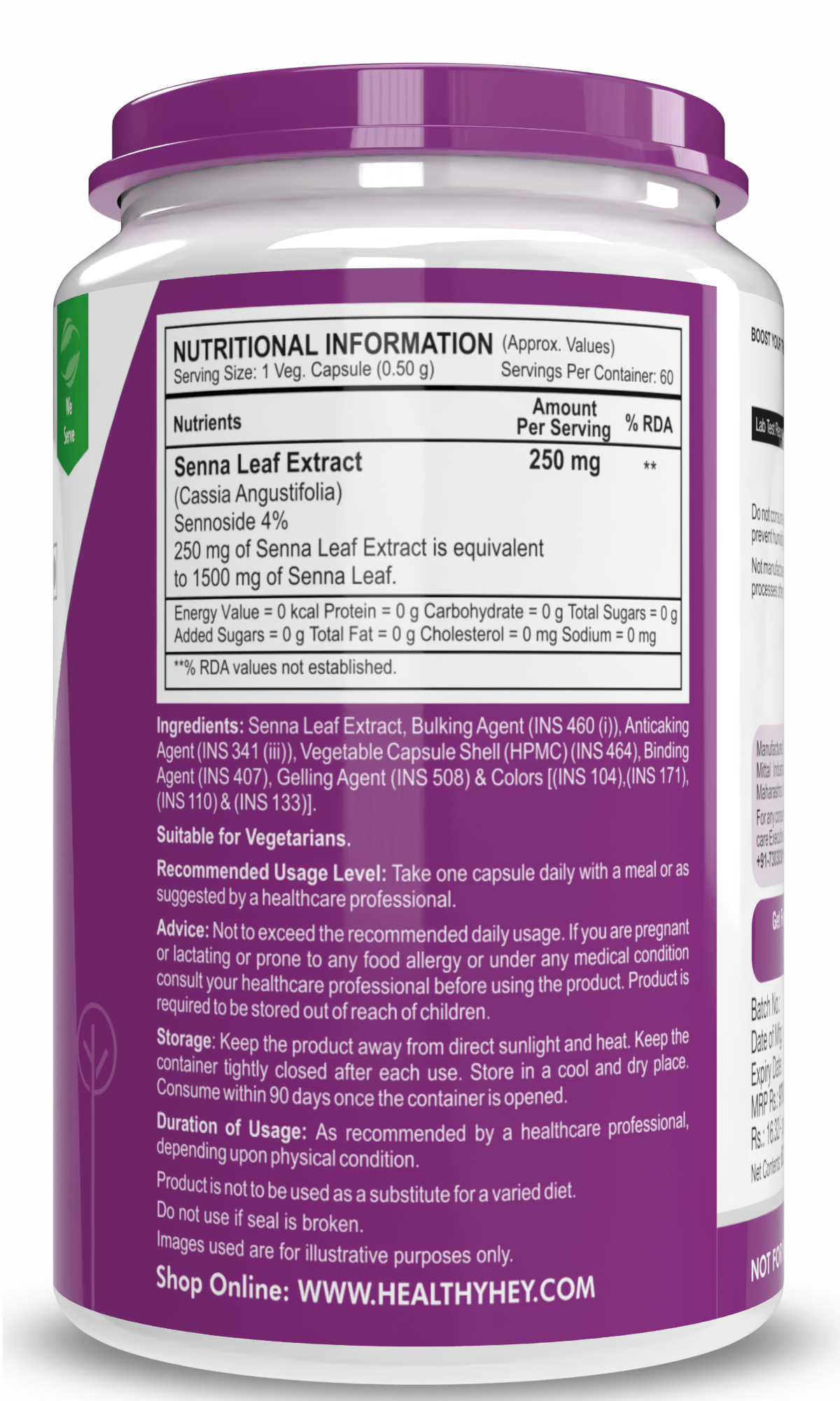 HealthyHey Nutrition Capsule Senna Leaf Extract -Natural Laxative & Helps Bowel Movement - Ratio 6:1 - 60 Veg Capsules