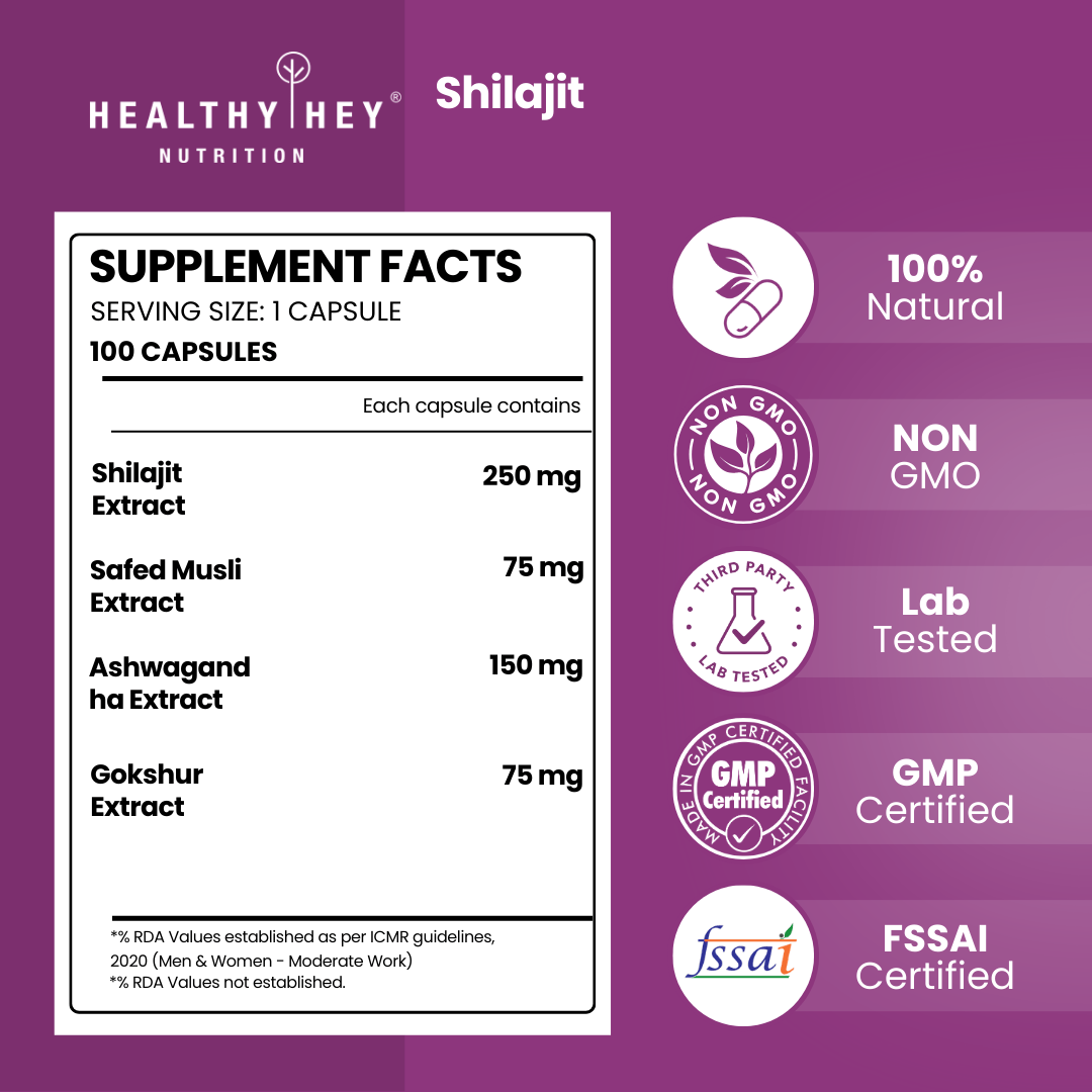 HealthyHey Nutrition Capsule Shilajit | Helps Boost Stamina | with Safed Musli, Tribulus and Ashwagandha 100 Vegetable Capsules
