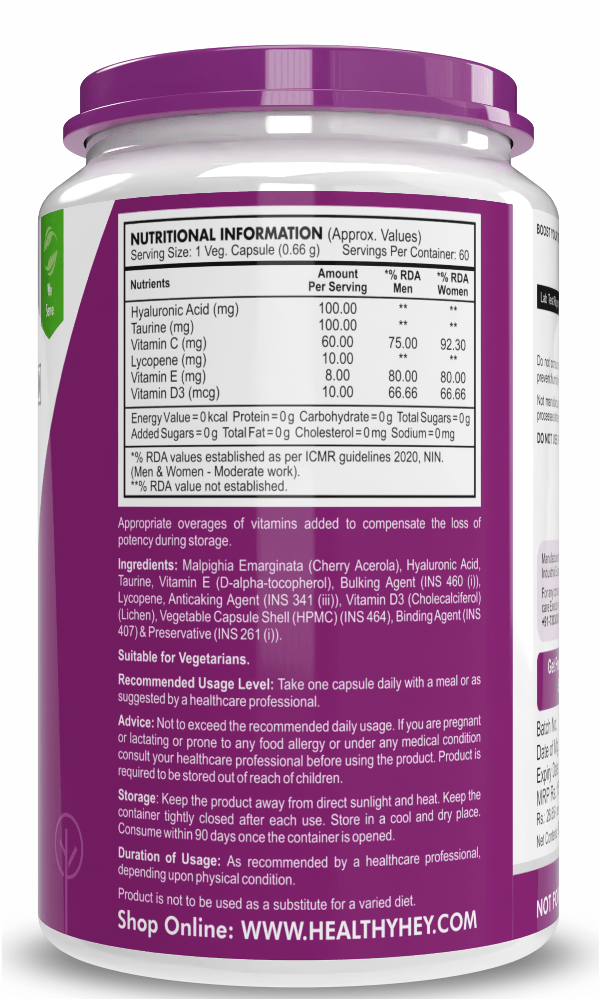 HealthyHey Nutrition Capsule Skin Hydroboost, Supports Skin Hydration with Hyaluronic Acid - Supplement to Support Skin Hydration, 60 Veg capsules