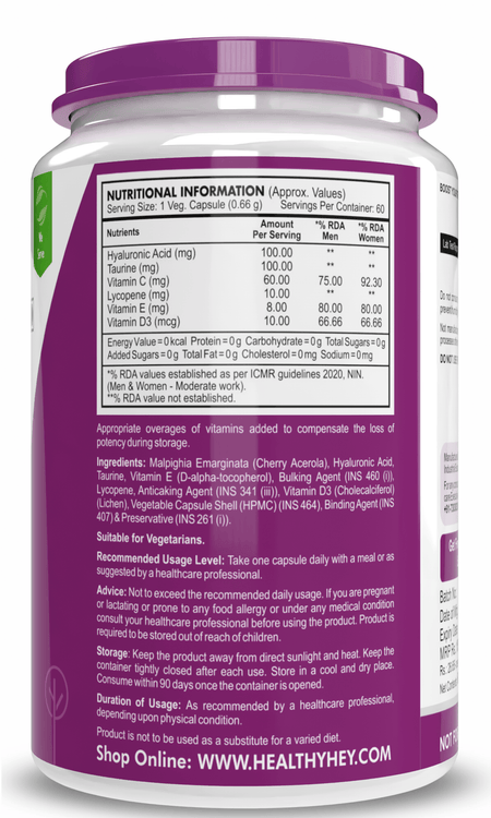 HealthyHey Nutrition Capsule Skin Hydroboost, Supports Skin Hydration with Hyaluronic Acid - Supplement to Support Skin Hydration, 60 Veg capsules