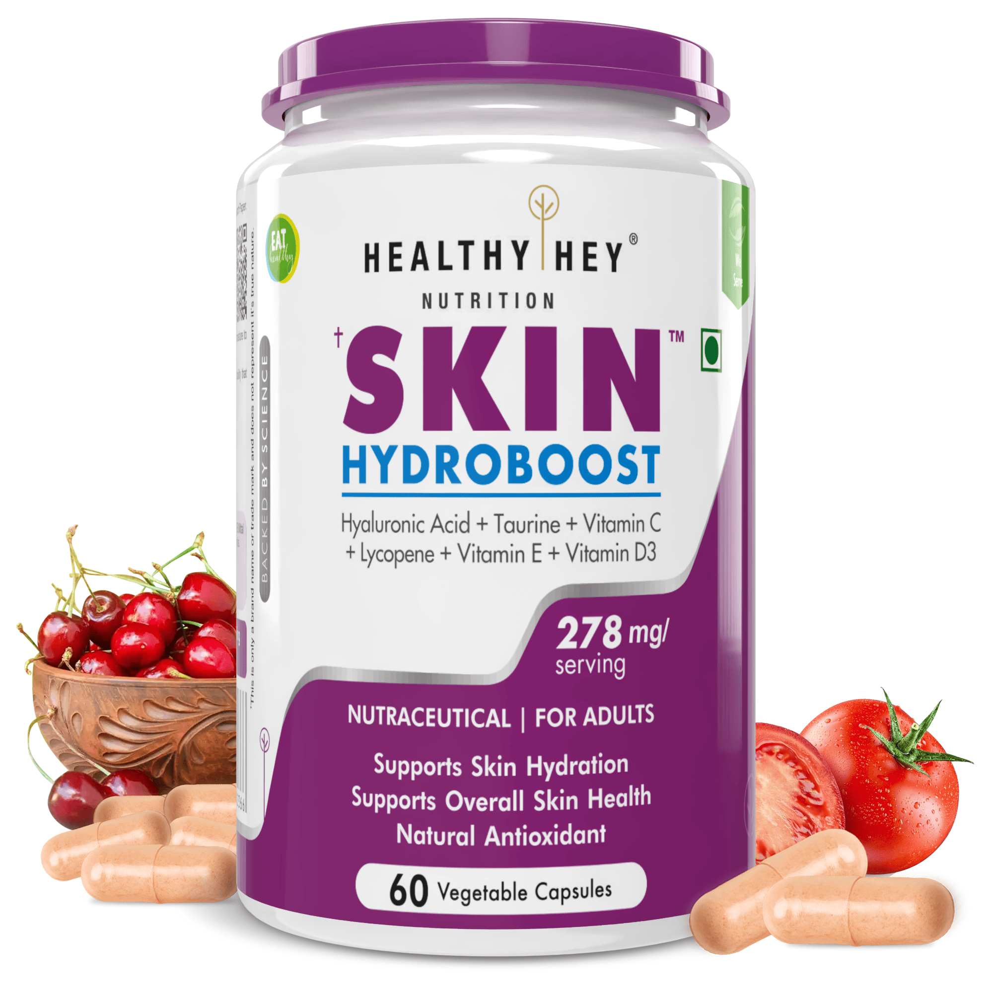 HealthyHey Nutrition Capsule Skin Hydroboost, Supports Skin Hydration with Hyaluronic Acid - Supplement to Support Skin Hydration, 60 Veg capsules