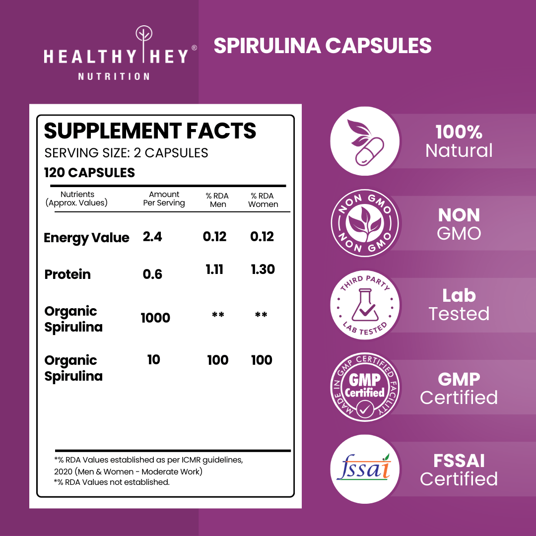 HealthyHey Nutrition Capsule Spirulina,Natural Antioxidant & support cardiovascular 120 Veg capsules.