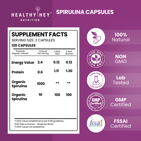 HealthyHey Nutrition Capsule Spirulina,Natural Antioxidant & support cardiovascular 120 Veg capsules.
