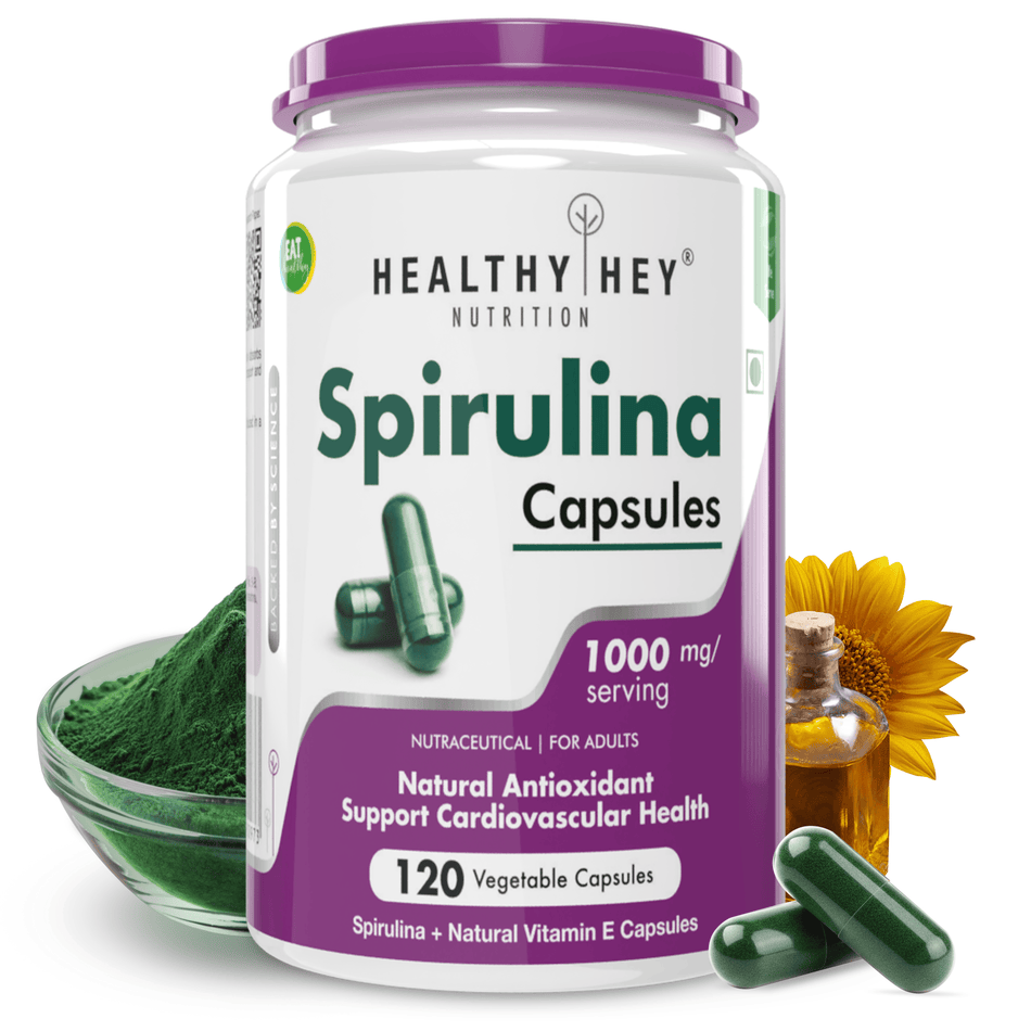 HealthyHey Nutrition Capsule Spirulina,Natural Antioxidant & support cardiovascular 120 Veg capsules.